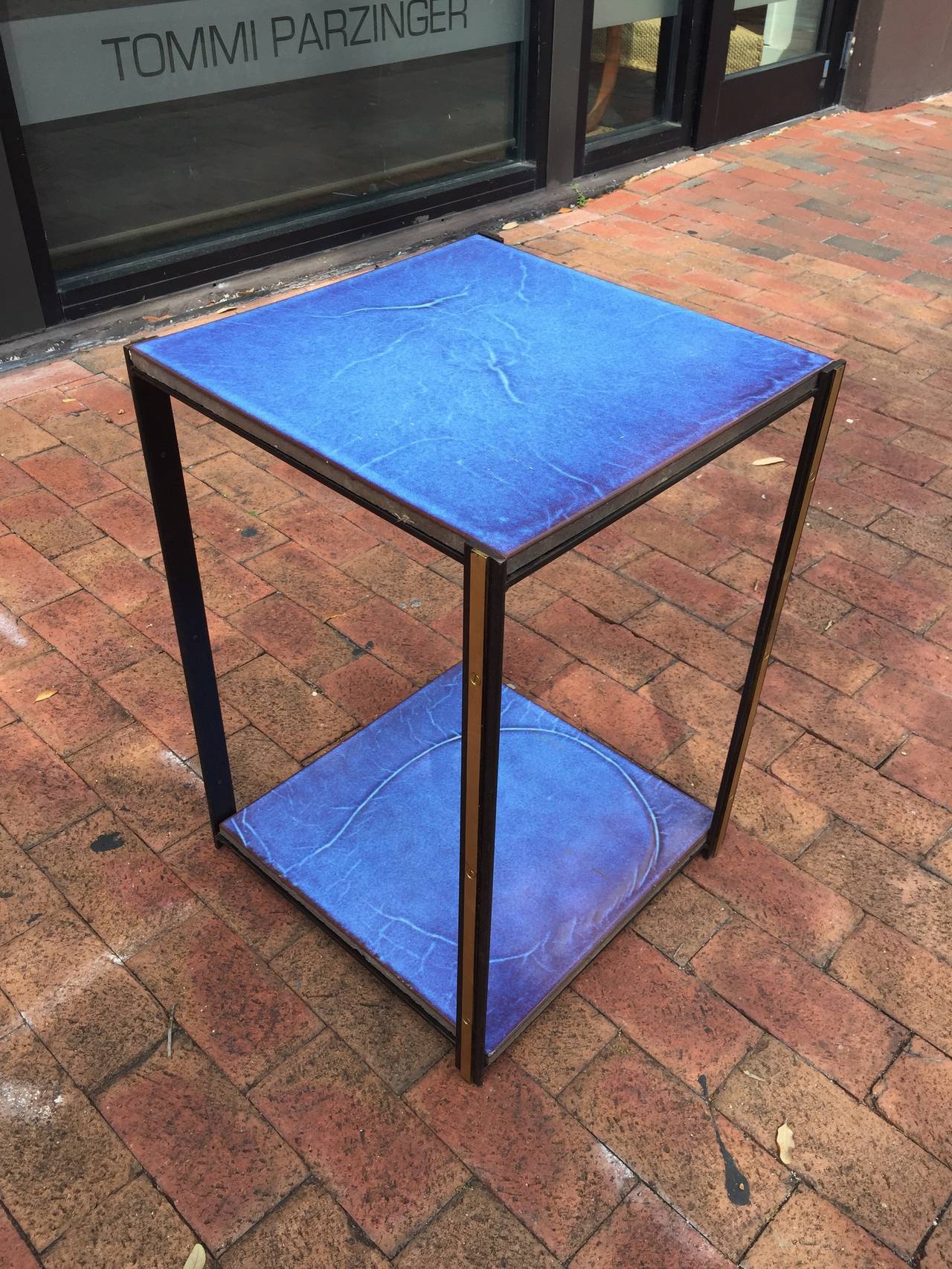 Pair of Custom Iron and Brass Side Tables with Vibrant Handmade Plateaus 1