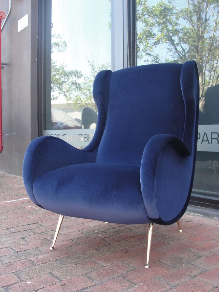 Mid-20th Century Sculptural French Wingback in Rich Blue Velvet