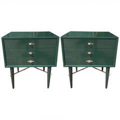 Pair of High Lacquered Hunter Green and Nickel Nightstands