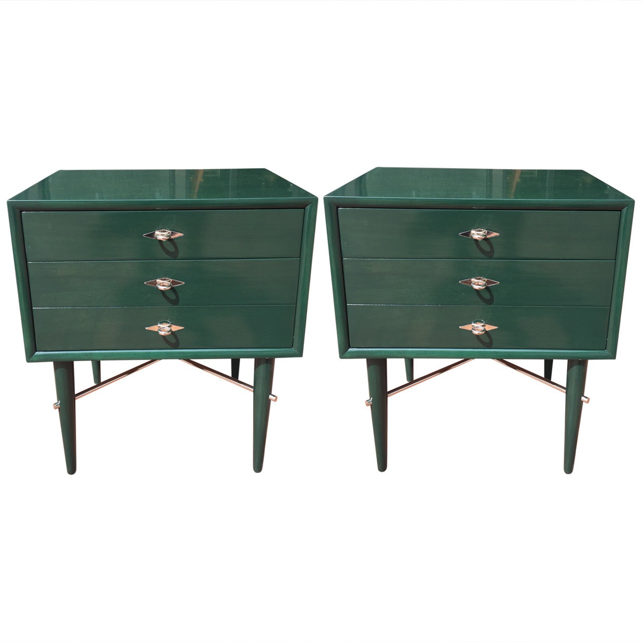 Pair of High Lacquered Hunter Green and Nickel Nightstands