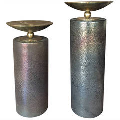 Pair of Large Karl Springer Scavo Glass Candleholders