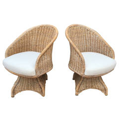 Curvaceous Pair of Vintage Wicker Swivel Chairs