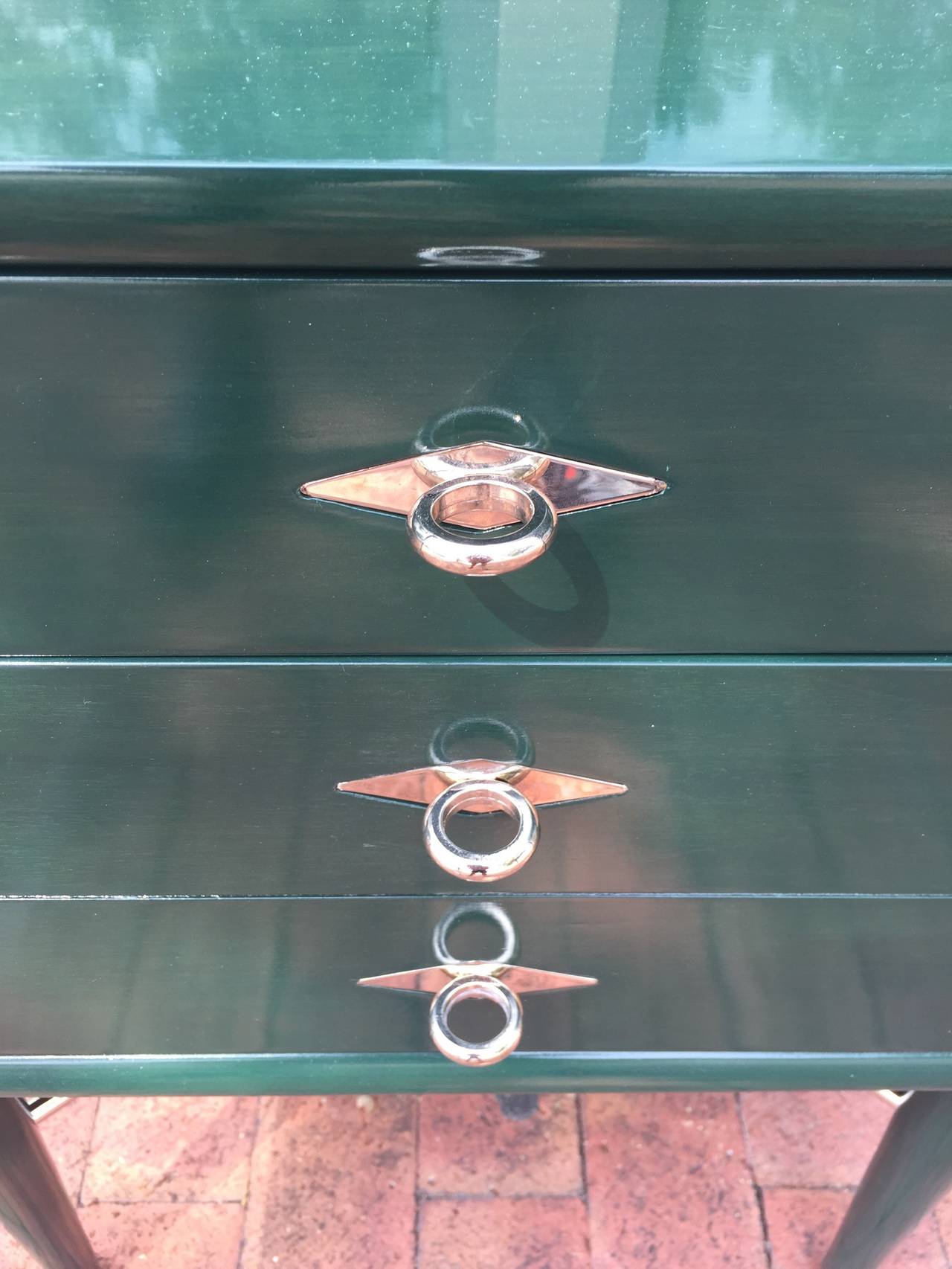Beautiful nickel plated pulls and cross-stretchers - this simple , yet very stylish bedside cabinets are well crafted & nicely refinished.

2 Drawers (as shown in image 3)

This item is currently in our NYDC (10th floor) space. Please call or