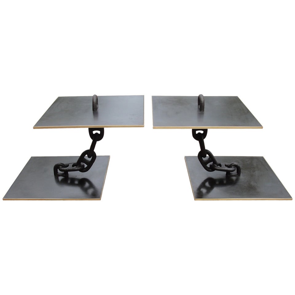 Exceptional Pair of Custom Iron Chain-Link Side Tables For Sale