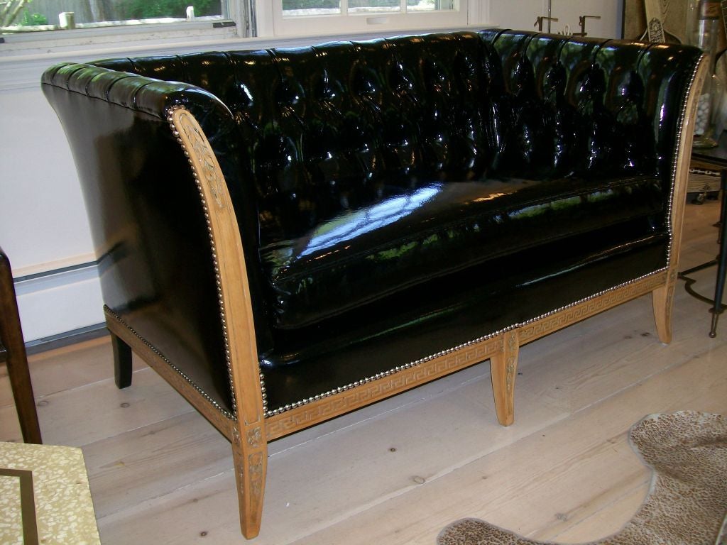 These tufted patent leather settees with exquisite nail head and Greek key details make a HI-GLAM statement.  SOLD AS A PAIR ONLY