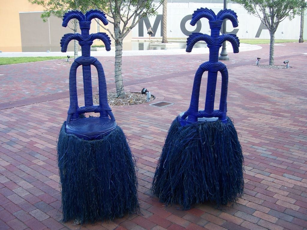 Pair of extremely tall high back stools/chairs made of painted rope and raffia by Christian Astuguevieille. Brass tag 