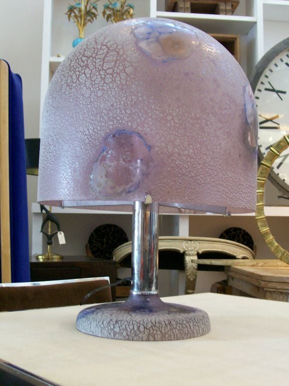 Like a jellyfish - completely unique crackle finish domed lamp with matching base. This piece is SIGNED (see image). Original hand-dimmer allows you to set this beautiful light at any level. Colors in the main image are VERY accurate (shades of