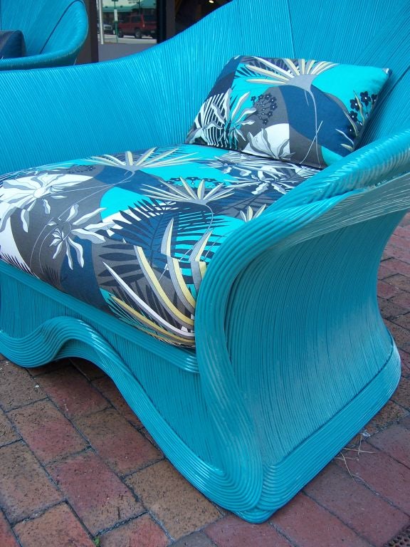 American Stunning Pair of Turquoise Rattan Armchairs