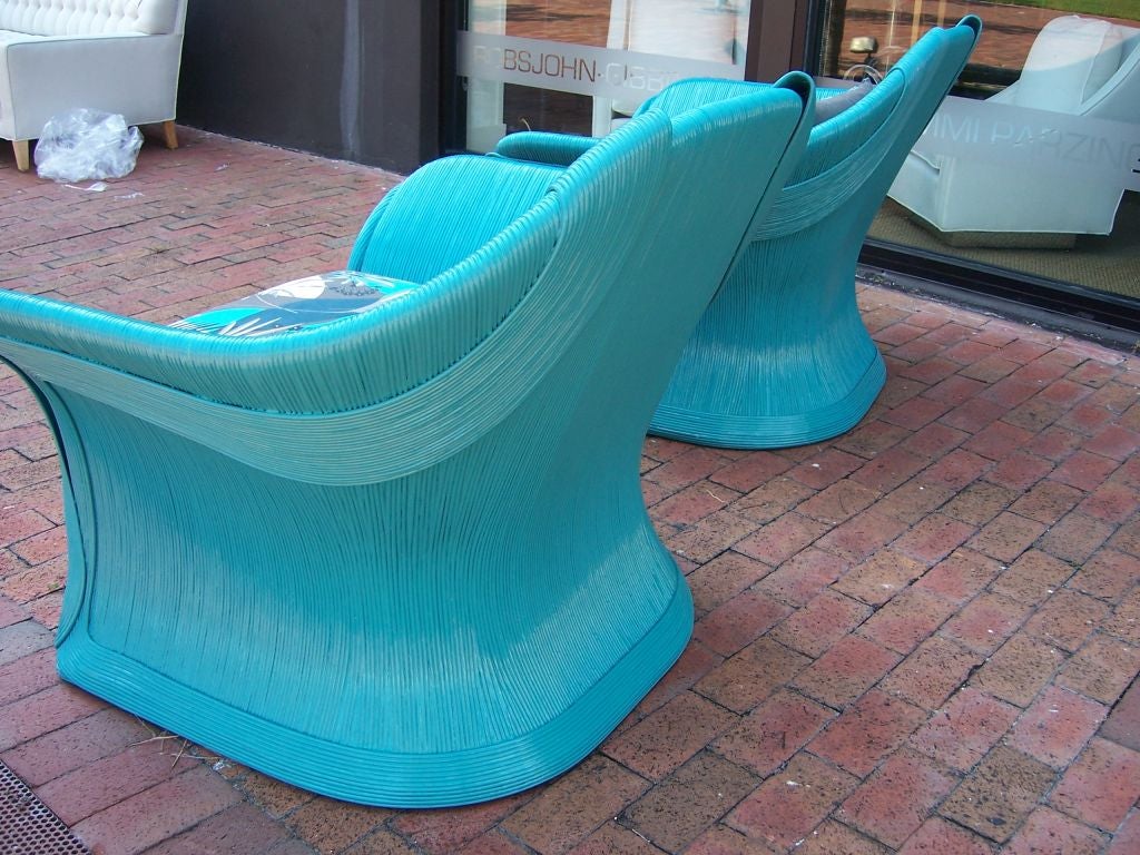 Mid-20th Century Stunning Pair of Turquoise Rattan Armchairs