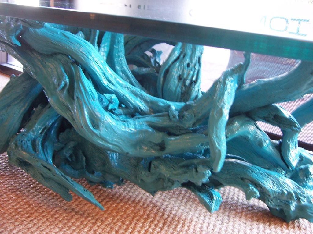 Mid-20th Century Turquoise Driftwood Branch Base Coffee Table