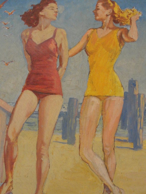 Stunning Art Deco Era Painting of "Beach Scene"