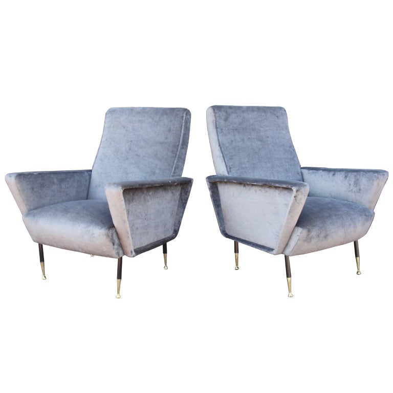 Pair of Italian Mid-Century Grey Velvet Armchairs