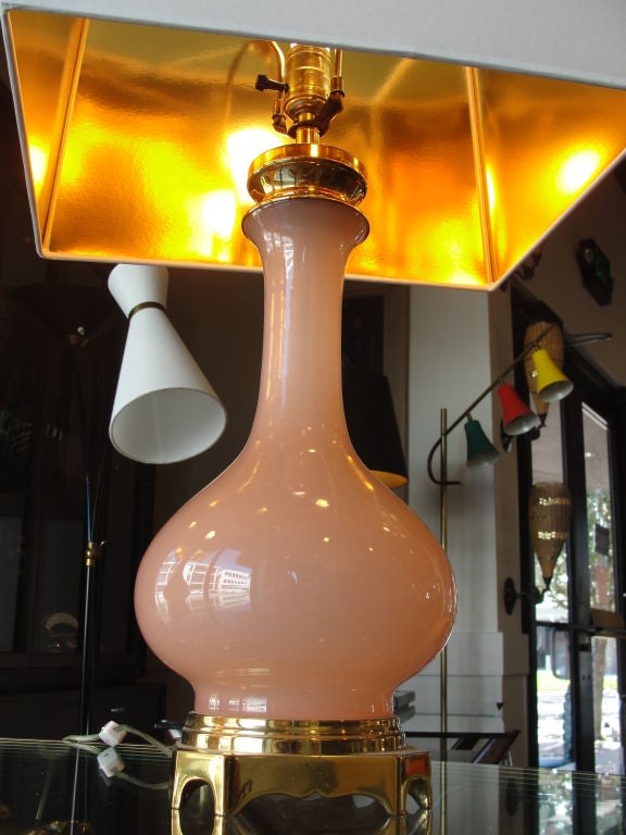 Extremely rare and heavy lamps, the antique rose colored opaline glass on solid brass mounted base are in perfect original condition.<br />
<br />
CUSTOM PAPER SHADES WITH GOLD INTERIOR NOT INCLUDED - CAN BE PURCHASED SEPARATELY.<br />
<br