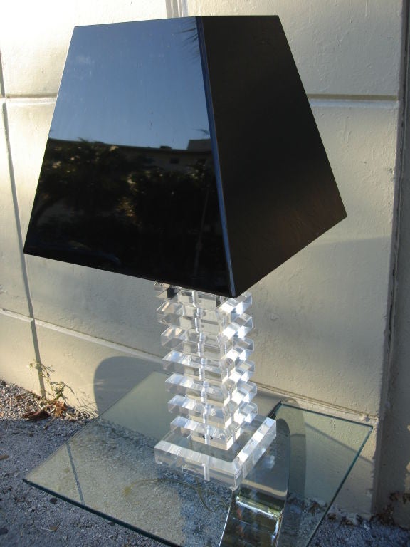 American A Karl Springer Thick Stacked Lucite Lamp and Shade For Sale