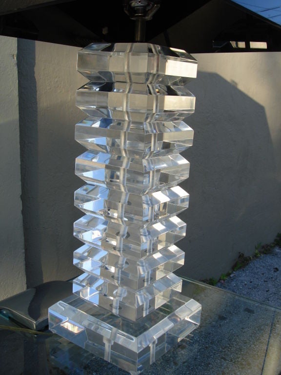 A Karl Springer Thick Stacked Lucite Lamp and Shade In Good Condition For Sale In East Hampton, NY