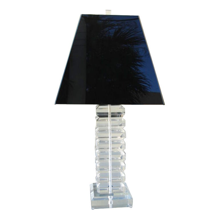 A Karl Springer Thick Stacked Lucite Lamp and Shade For Sale
