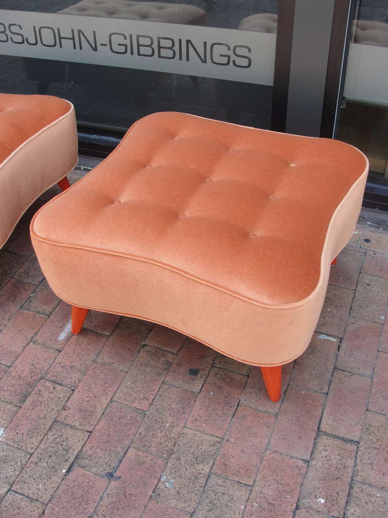 Mid-20th Century Pair of Oversized Orange Velvet Ottomans For Sale