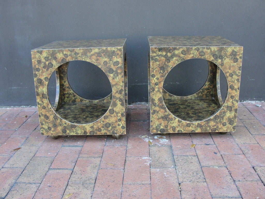 Mounted on rolling brass casters, these laminated tortoise finish side tables are fun and practical - perfect for drinks tables or easy roll-up side tables.<br />
<br />
NEW SHOWROOM NOW OPEN ON SOUTH BEACH (1627 JEFFERSON AVE, OFF OF LINCOLN RD,