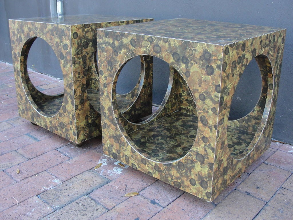 Laminated A Pair of Whimsical Tortoise Finish Cubed Side Tables