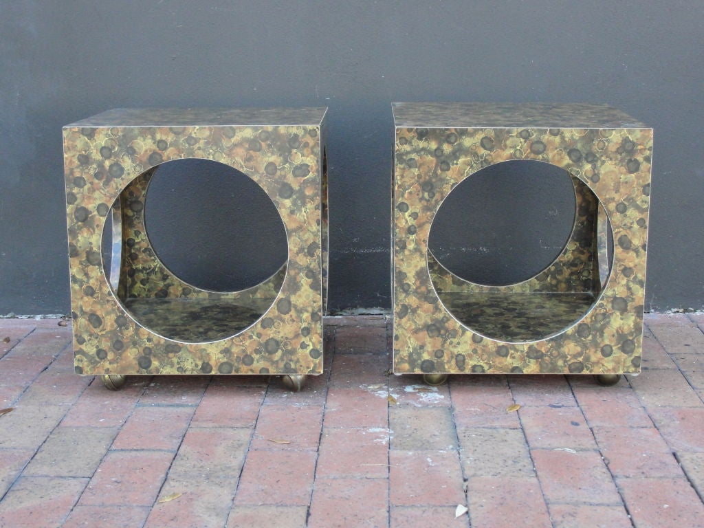 Wood A Pair of Whimsical Tortoise Finish Cubed Side Tables