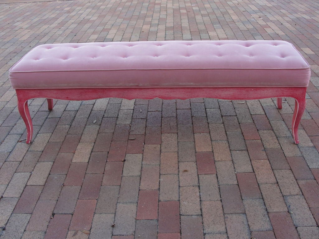 Original faux painted hot pink regency style extra long bench with beautiful original upholstery.  Color is faded pink Dior.  Very Stunning!  Please check pair of Haines style low chairs with the same finish from the same Florida estate.