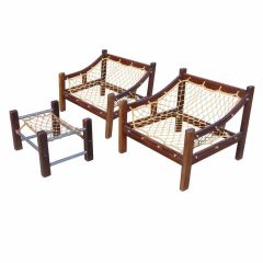 Jean Gillon Rose Wood and Rope Lounge Chairs + Ottoman