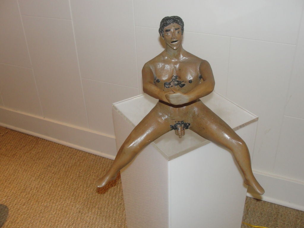 An Early Whimsical Male Nude Ceramic Art Sculpture by N. Surving