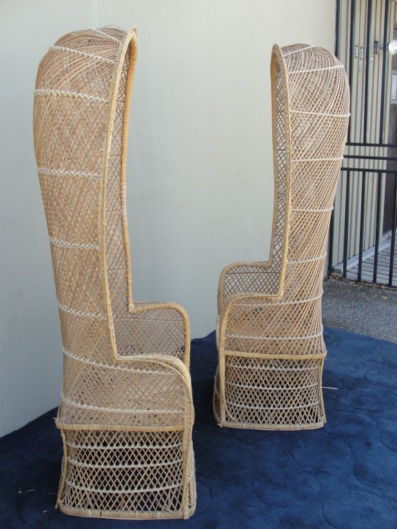 Uniquely shaped wicker canopy chairs. A very sculptural form.  Perfect for a summer house on the beach!