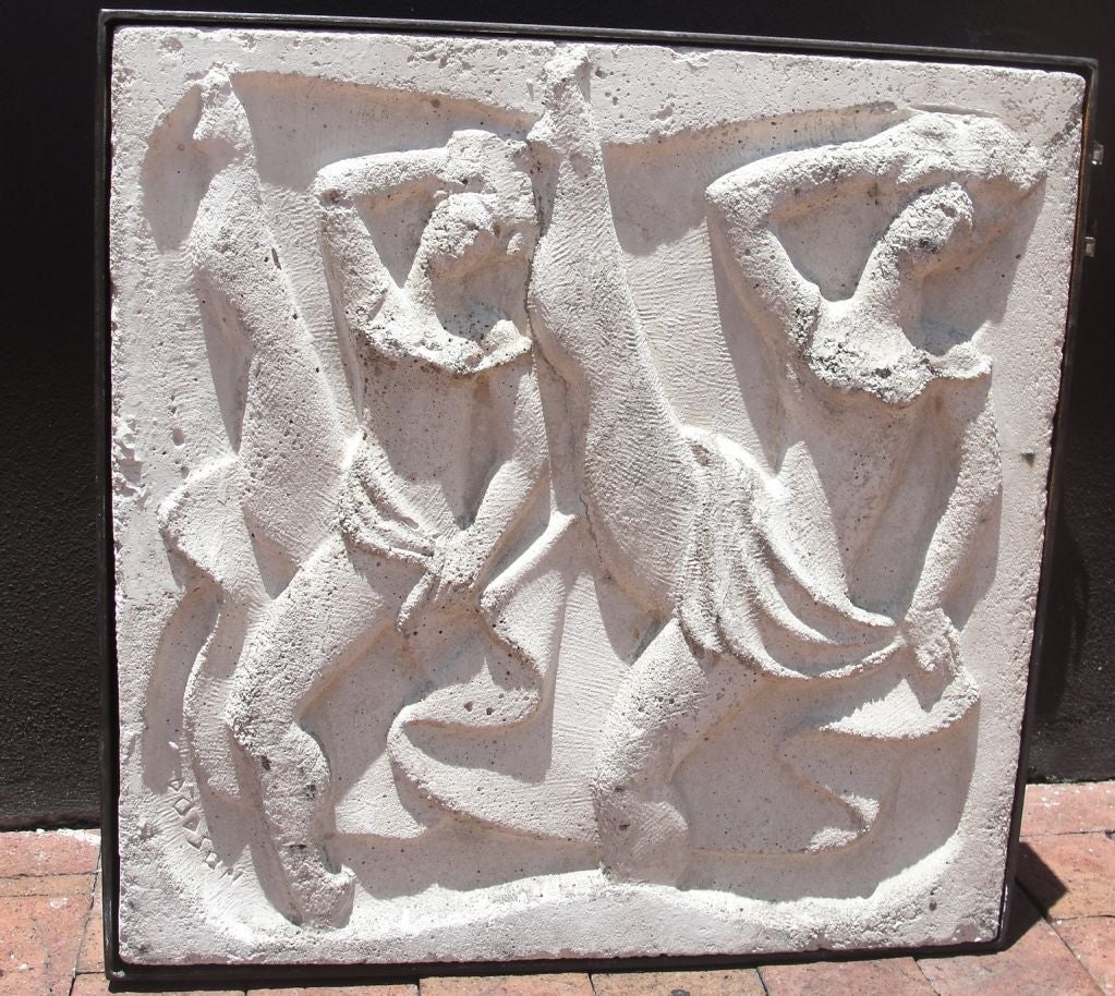 Dating from the last few years when late Art Deco buildings incorporated figural panels in their facades, this exquisite bas reliefs was sculpted by Chuck Dodson, an artist active in the Miami area, for the Dupont Plaza Hotel constructed in 1957 in