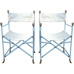 Pair of Pastel Blue Directors Chairs W/ Brass Detail by Jansen