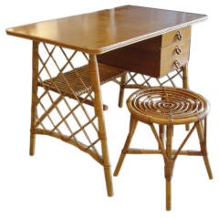 JEAN ROYERE attribute Mid-Century Bamboo Desk and Stool
