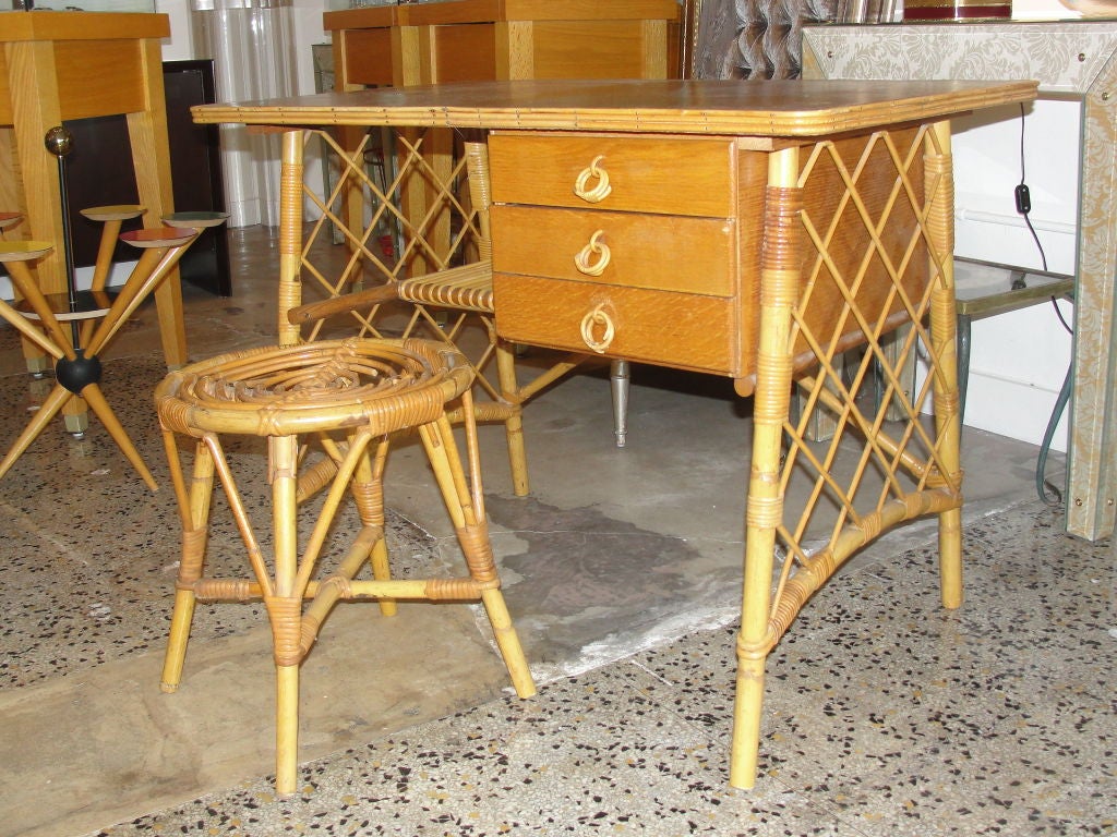 JEAN ROYERE attribute Mid-Century Bamboo Desk and Stool