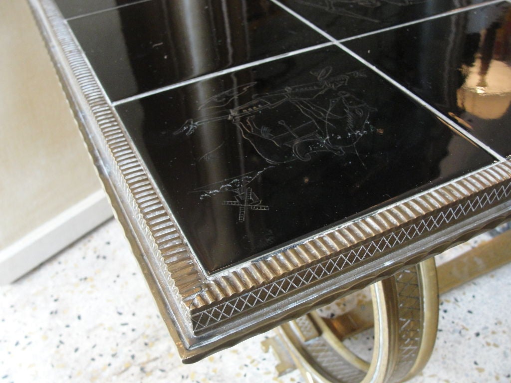 French Bronze Cocktail Table with Etched Tile Mosaic Top