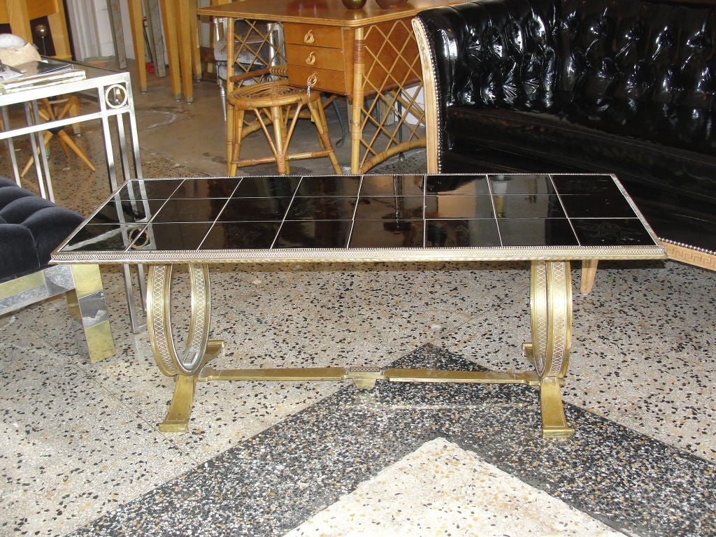 Bronze Cocktail Table with Etched Tile Mosaic Top In Excellent Condition In Miami, FL