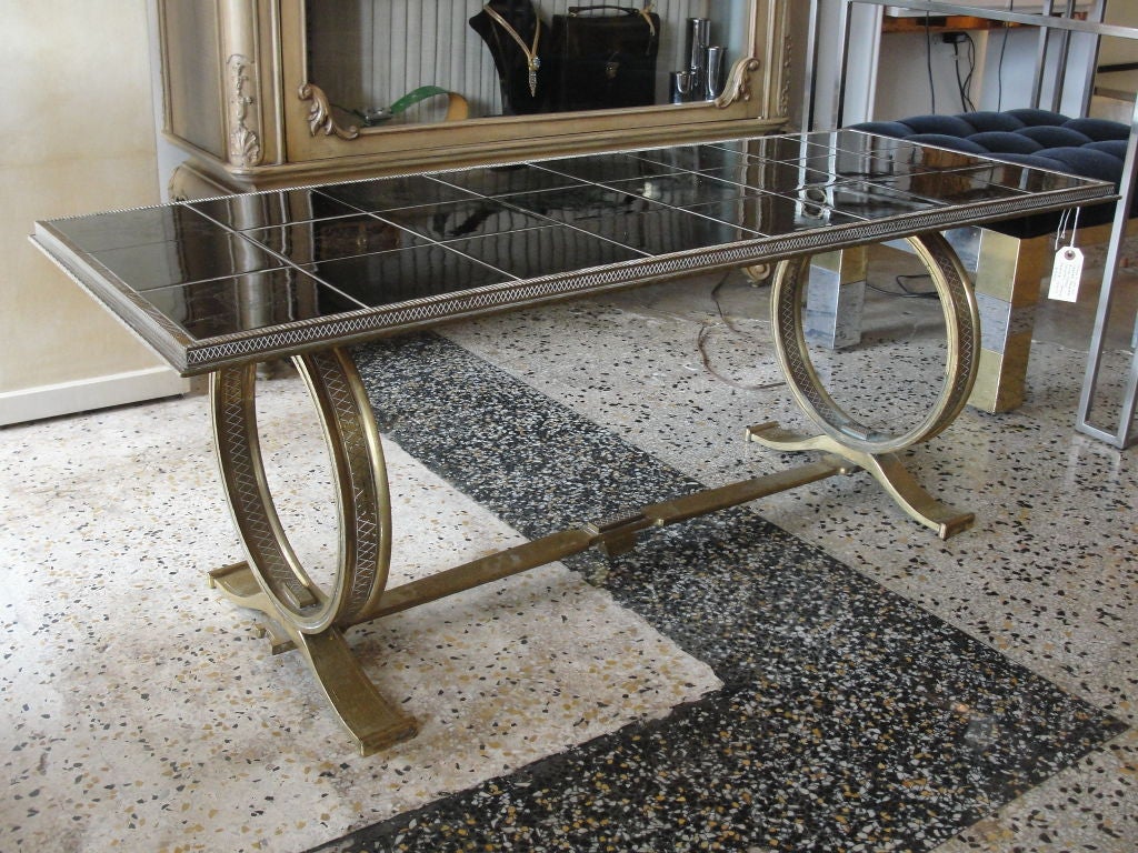 Mid-20th Century Bronze Cocktail Table with Etched Tile Mosaic Top