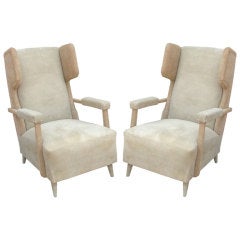 Vintage Pair of Suede Clad Modernist Wingback Chairs