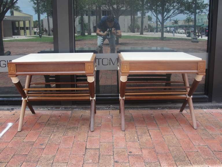 Pair of Bleached Mahogany and Ivory Lacquer Top Side Tables