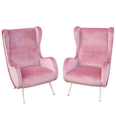 Vintage Pair of Zanuso Style Luxurious Pink Velvet Chairs
