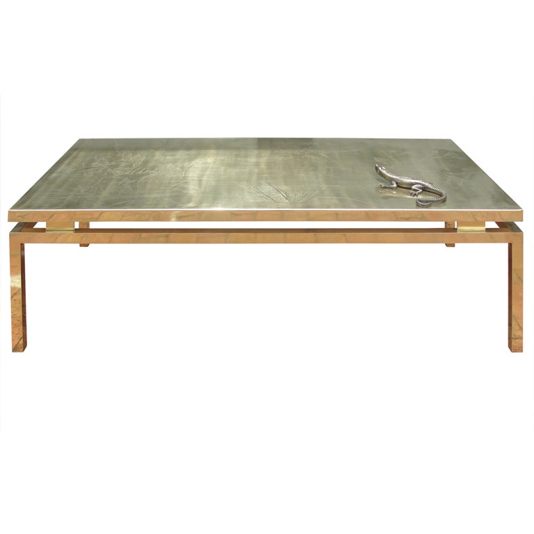 Polished Brass Etched Top Cocktail Table by Rosseau For Sale