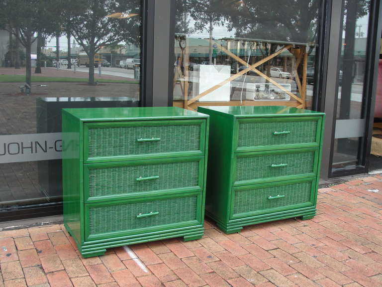 Chic all the way! These woven wicker front cabinets/chest of drawers - ALL in vibrant newly lacquered jade green.  Both cabinets feature three drawers. Identical sized pair. More breathtaking in person.