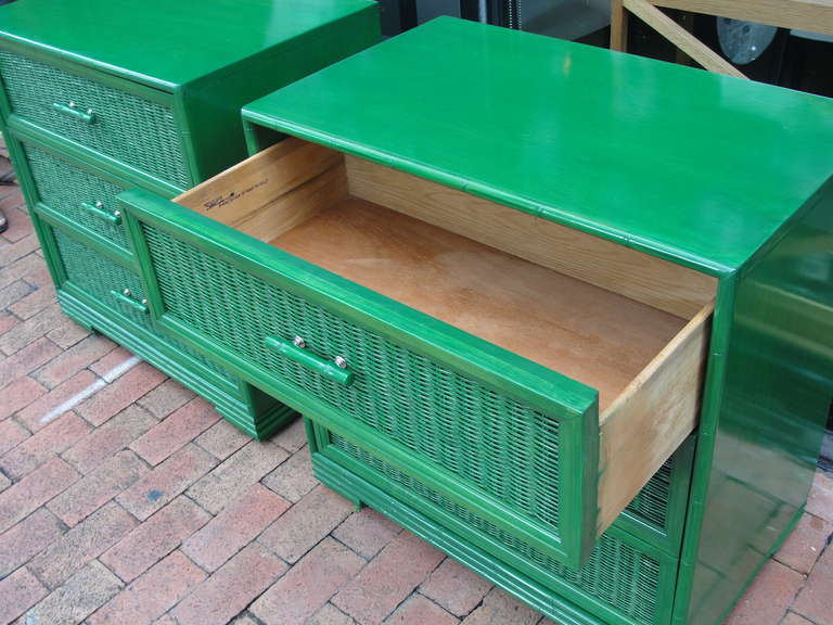 Wood Pair of Vibrant Jade Green Bamboo Chest of Drawers