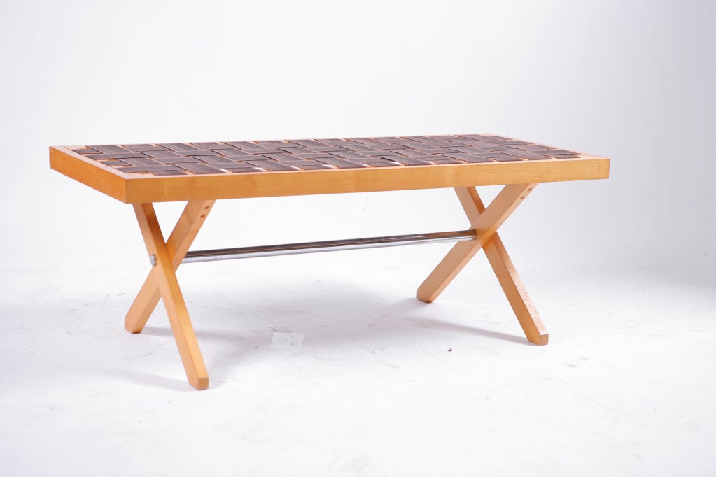 Birch wood frame and woven seat belt strap top.  Perfectly usable as is or you can add a custom pillow if desired.

This item is currently in our MIAMI facility. Please call or email us directly for details.