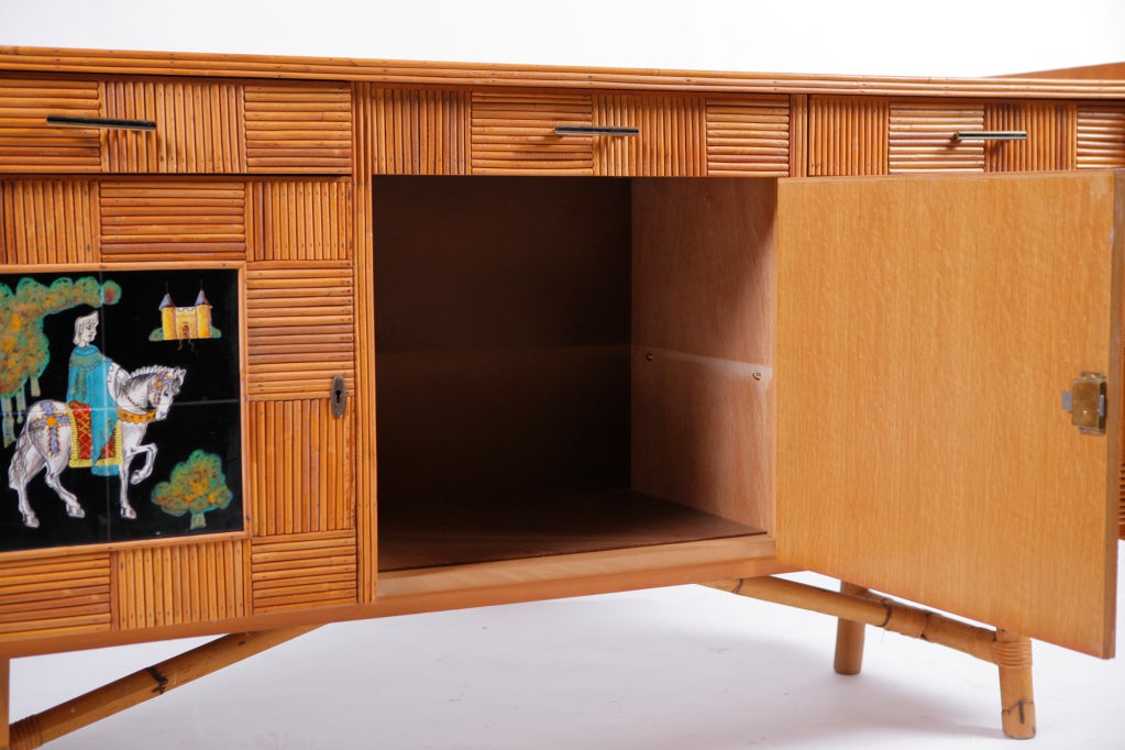 Fine straw bamboo covered cabinet with hand-painted ceramic tiles to front. Lots of storage!
