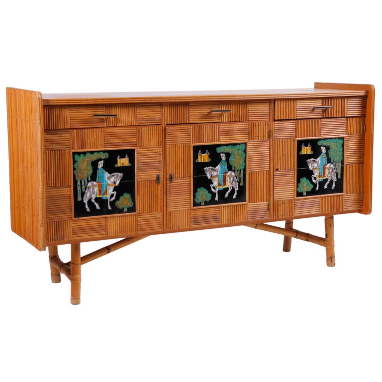 Italian Parquet Bamboo Dresser with Painted Tile Panels
