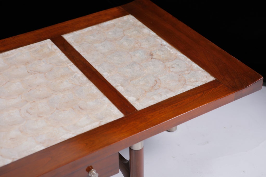 Capiz shell inlay on walnut with metal sabots and hidden drawer.

This item is currently in our Miami facility. Please call or email us directly for details.