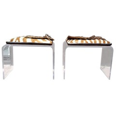 Pair of Waterfall Lucite Benches w/ Real Zebra Hide Pillows