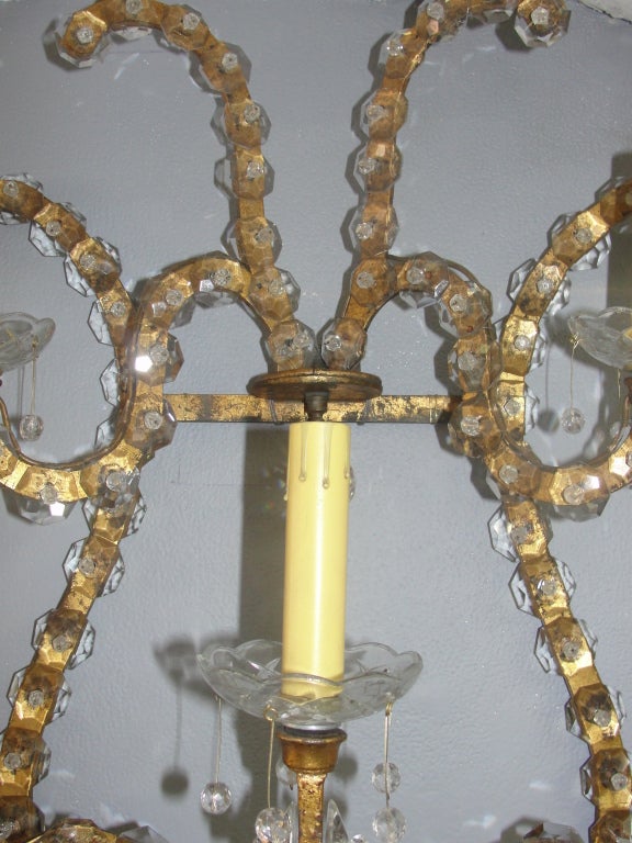 Jansen Pair of Oversized Gilt Iron and Crystal Sconces/ Wall Lights For Sale 1