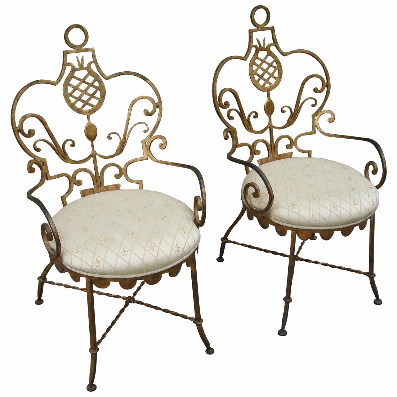 Gilbert Poillerat Pair of "Ananas" Gilded Iron Chairs