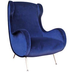 Sculptural French Wingback in Rich Blue Velvet