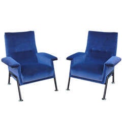 Indigo Blue Velvet Modernist Italian Armchairs